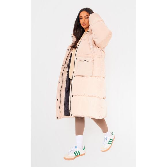 New Small $98 Longline Oversized Puffer Coat 2 Petite Khaki Tan Winter Jacket - Picture 4 of 5